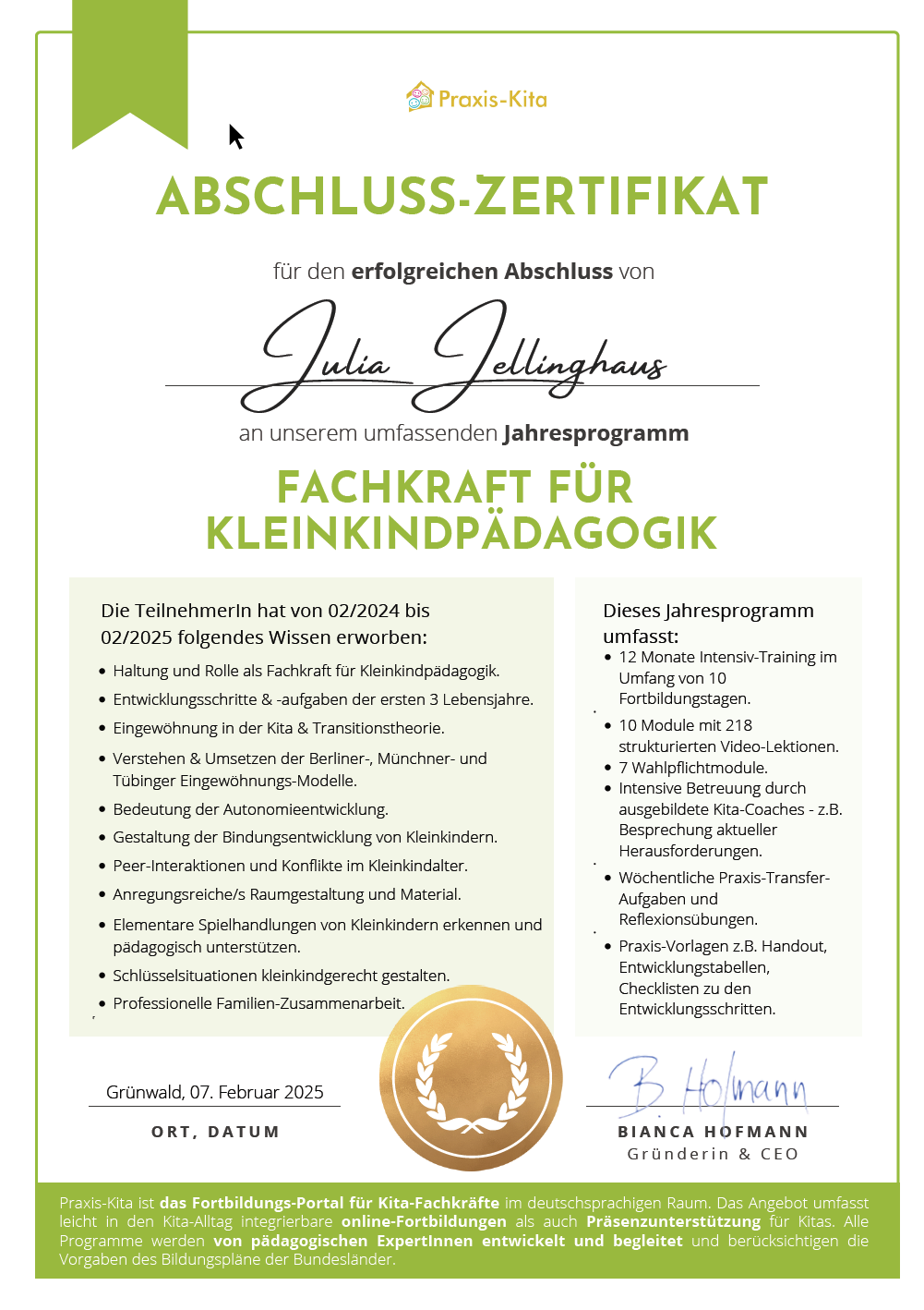 Abschluss-Zertifikat Fachkraft für Kleinkindpädagogik von Julia Jellinghaus